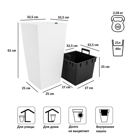 Кашпо для цветов Prosperplast Urbi Square 49+21л, белый